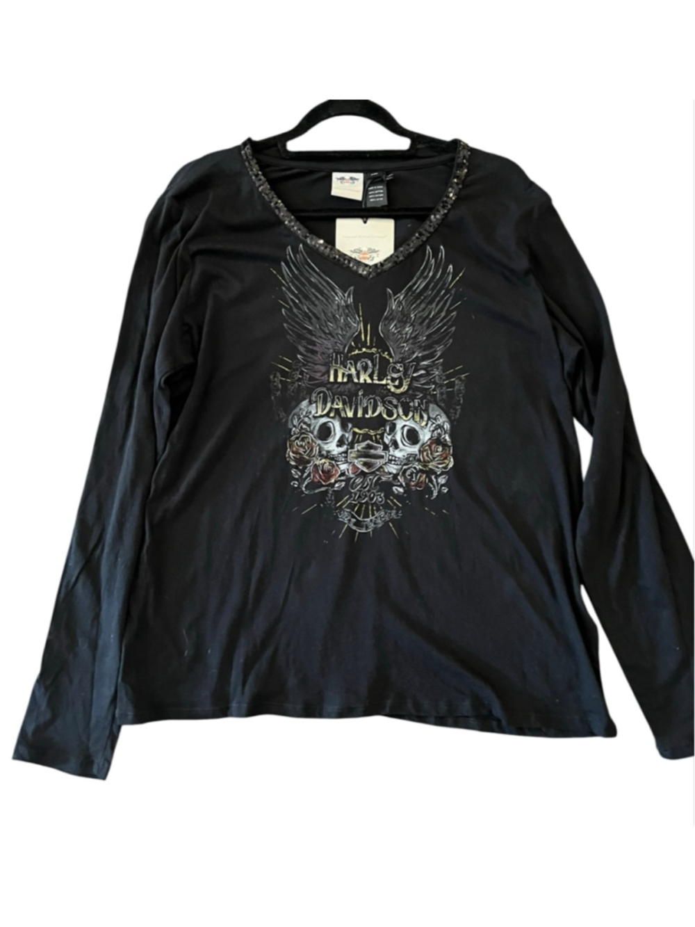 Harley Davidson NWT 2017 Sequins Wings Skull Long Sleeve V-Neck Shirt Size 2XL